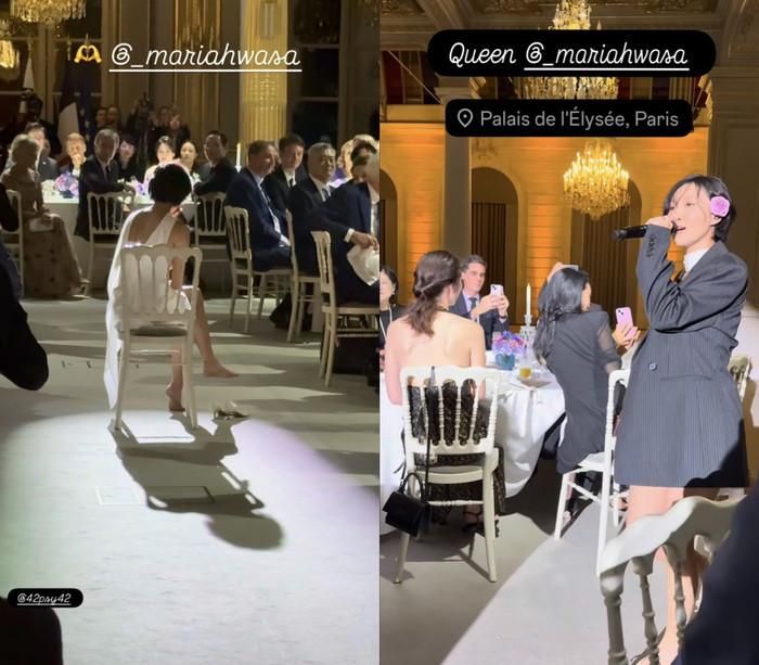 Hwasa trình diễn "Good Goodbye" và "So Cute" trong buổi tiệc chiêu đãi cấp nhà nước do Tổng thống Pháp Emmanuel Macron chủ trì nhân chuyến thăm cấp nhà nước của Tổng thống Lee Jae Myung tới Pháp tại Điện Élysée ở Paris hôm thứ Ba. (Instagram @fleurpellerin)