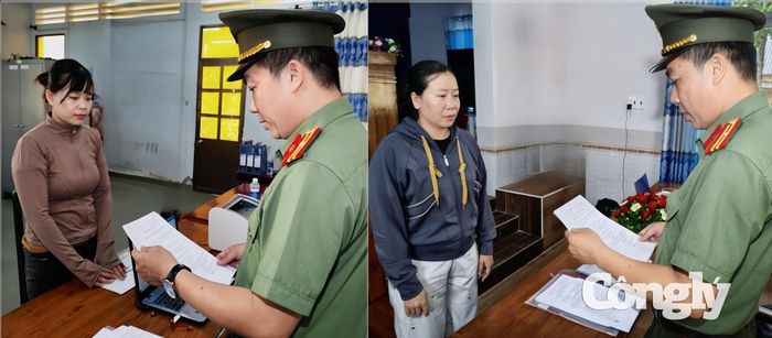 Nguyễn Thị Ái My (áo nâu) và Trương Thị Kim Tiên (áo xám) bị khởi tố về tội “Tổ chức cho người khác trốn đi nước ngoài”
