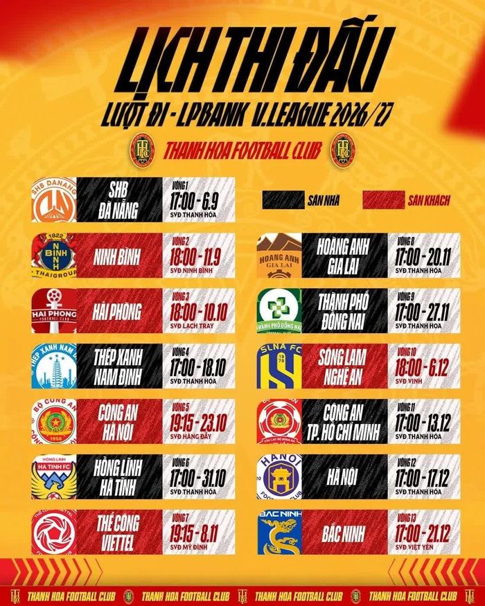 Lịch thi đấu giai đoạn lượt đi của CLB Thanh Hóa. Ảnh: Thanh Hoa Football Club