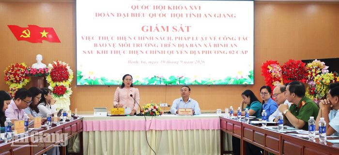 Phó Trưởng đoàn chuyên trách Đoàn Đại biểu Quốc hội tỉnh Lý Anh Thư phát biểu tại buổi làm việc với UBND xã Bình An.