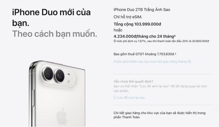 iPhone Duo 2 TB giá gần 104 triệu đồng tại Việt Nam. Ảnh chụp màn hình