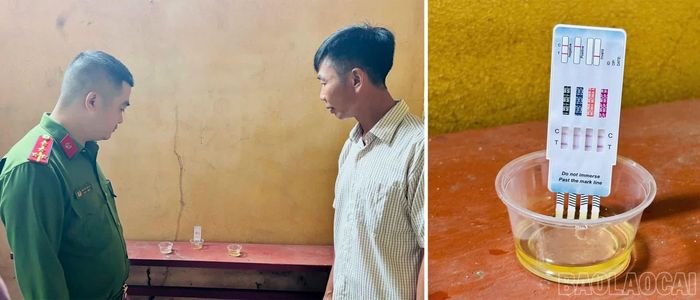 Cán bộ công an xã giám sát mẫu xét nghiệm.