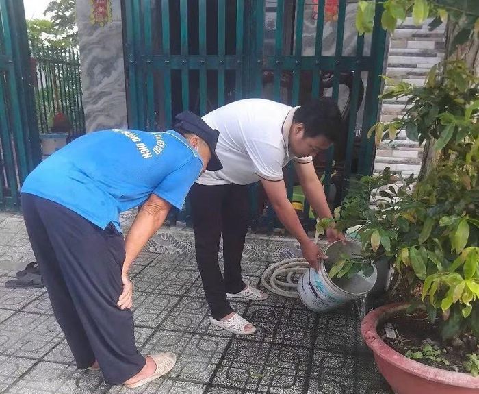 Kiểm tra và xử lý các vật chứa nước có lăng quăng ở phường Đông Hòa (ảnh trên) và phường Long Nguyên.