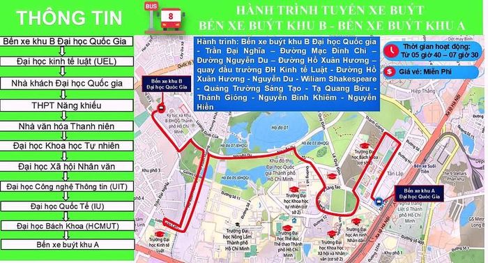 Lộ trình chuyến xe buýt số 8 tăng cường để phục vụ nhu cầu đi lại của sinh viên giờ cao điểm.