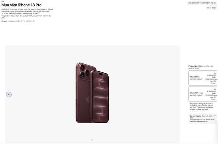 iPhone 18 Pro Max có giá từ 41,999 triệu đồng. Ảnh chụp màn hình