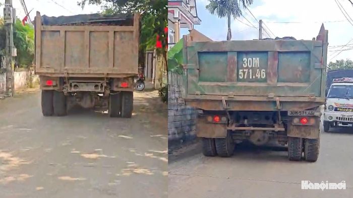 Trong số các xe tải tham gia vận chuyển đất có xe tải rõ biển số nhưng có xe tải không không gắn biển số khi lưu thông. Ảnh: NDCC.