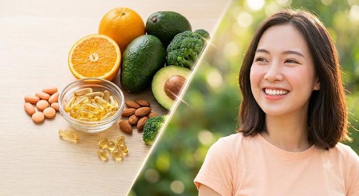 Vitamin C và một số loại vitamin có tác dụng bảo vệ, hỗ trợ sức khỏe làn da khỏe đẹp. Ảnh AI