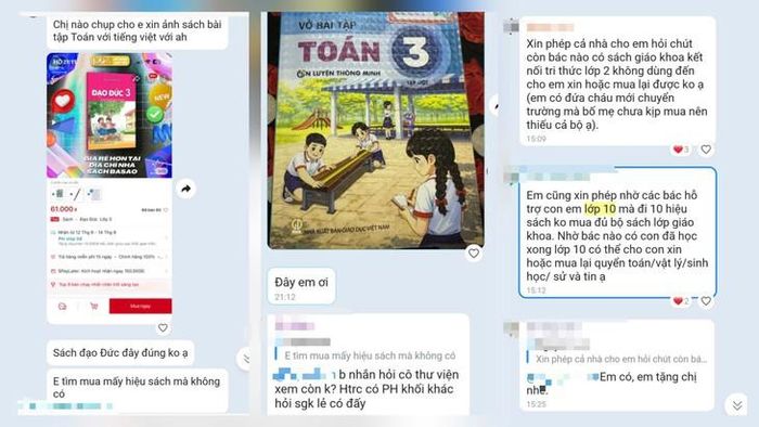 Nhiều phụ huynh xin sách giáo khoa cũ cho con. Ảnh chụp màn hình.