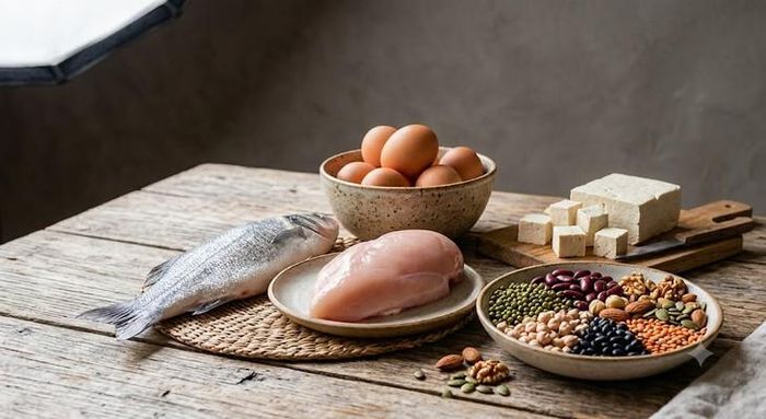 Nhóm thực phẩm giàu protein giúp duy trì cơ bắp cho người tuổi 60. Ảnh minh họa AI
