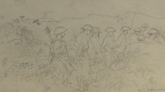 Tác phẩm trong "Bộ tranh ký họa về bộ đội trong Chiến dịch Điện Biên Phủ" (1954) của họa sĩ Tô Ngọc Vân