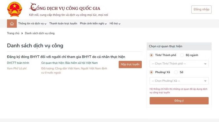 Thực hiện dịch vụ “Đăng ký đóng, cấp thẻ bảo hiểm y tế đối với người chỉ tham gia bảo hiểm y tế” trên Cổng Dịch vụ công quốc gia.