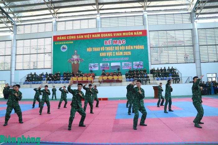 Các đội thi đồng diễn 3 bài võ thể dục Bộ đội Biên phòng. Ảnh: Ngọc Lâm