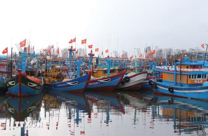 Hiện 100% số tàu cá của tỉnh đã kẻ vẽ số đăng ký, đánh dấu tàu cá theo quy định.. (Ảnh: Phạm Cường/TTXVN)