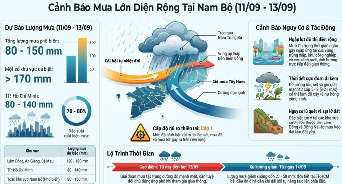 Cảnh báo mưa lớn diện rộng tại Nam Bộ trong đó có TP Hồ Chí Minh từ ngày 11/9 - 13/9. Ảnh minh hoạ