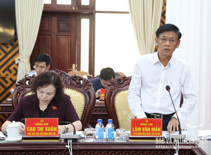 Đồng chí Lâm Văn Mẫn, Ủy viên Trung ương Đảng, Ủy viên Ủy ban Thường vụ Quốc hội, Chủ tịch Hội đồng Dân tộc của Quốc hội phát biểu tại buổi làm việc