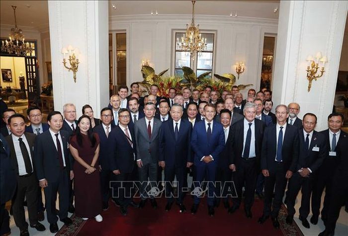 Tổng Bí thư, Chủ tịch nước Tô Lâm và Tổng thống Cộng hòa Pháp Emmanuel Macron và các đại biểu. Ảnh: Thống Nhất/TTXVN