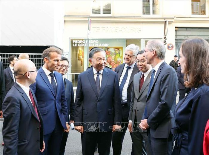 Tổng Bí thư, Chủ tịch nước Tô Lâm và Tổng thống Cộng hòa Pháp Emmanuel Macron và các đại biểu. Ảnh: TTXVN