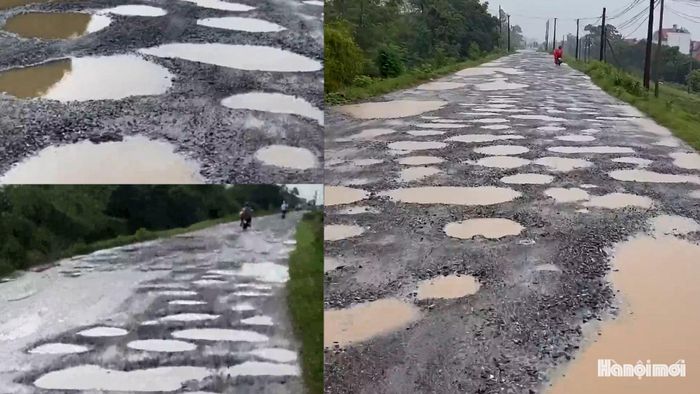 Vô số ổ gà, hố sâu đọng nước mỗi khi trời mưa tiềm ẩn nguy cơ mất an toàn giao thông, đặc biệt là đối với xe máy và xe đạp. Ảnh: NDCC.