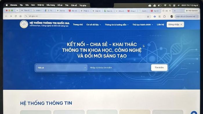 Giao diện trang chủ Hệ thống thông tin quốc gia về khoa học, công nghệ và đổi mới sáng tạo.