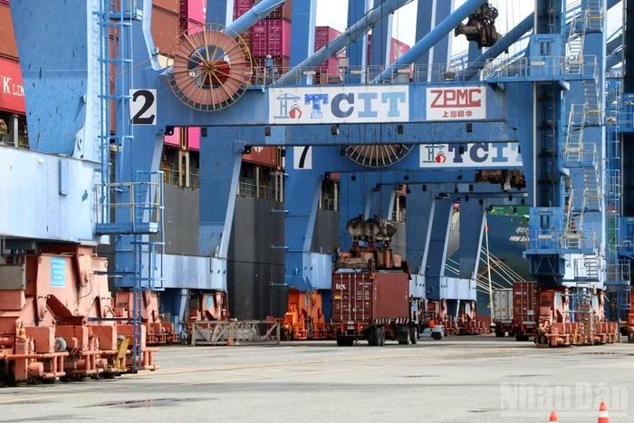 Hoạt động bốc xếp container tại cảng Tân Cảng Cái Mép sáng 2/9. (Ảnh: Lê Đình Thìn)
