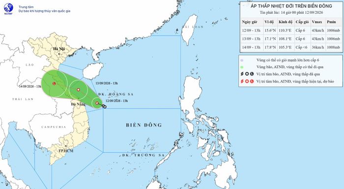 Vị trí áp thấp nhiệt đới chiều 12-9. Nguồn: Trung tâm Dự báo khí tượng - thủy văn quốc gia
