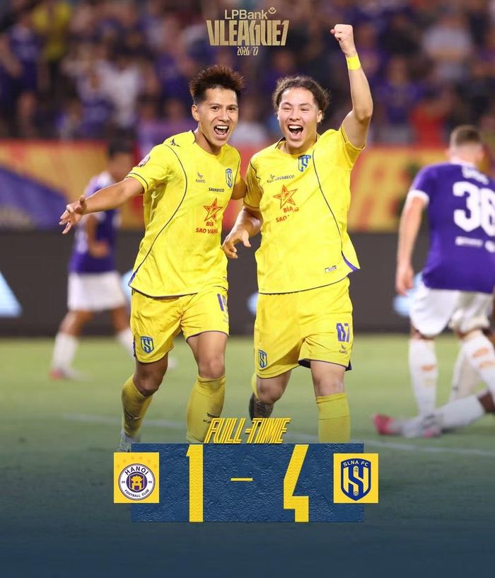 Sông Lam Nghệ An bất ngờ đại thắng 4-1 ngay trên sân Hàng Đẫy. Ảnh: SLNA FC