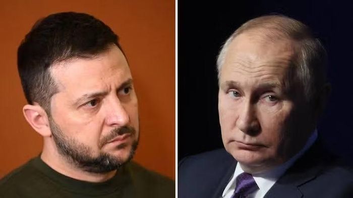 Tổng thống Ukraine Volodymyr Zelensky (trái) và Tổng thống Nga Vladimir Putin (phải). Ảnh: France 24