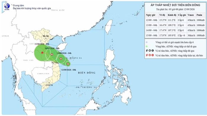 Bản đồ dự báo quỹ đạo và cường độ áp thấp nhiệt đới lúc 5 giờ sáng 12/9/2026. Nguồn: Trung tâm Dự báo khí tượng thủy văn quốc gia