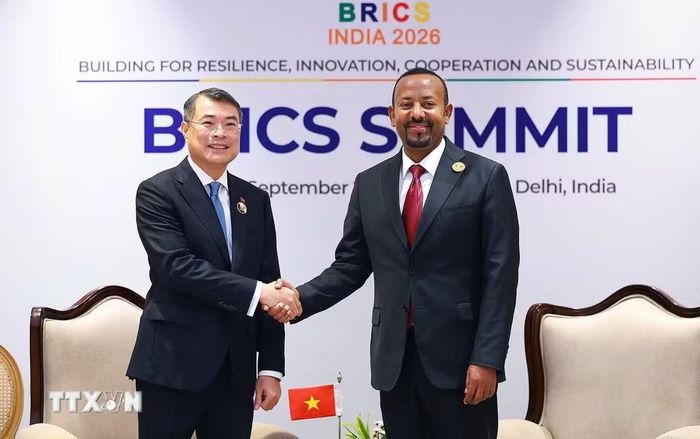 Thủ tướng Lê Minh Hưng gặp Thủ tướng Ethiopia Abiy Ahmed. (Ảnh: Dương Giang/TTXVN)