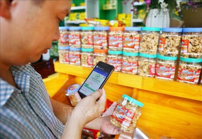 Người dùng có thể sử dụng điện thoại thông minh quét mà QR Code truy xuất nguồn gốc của sản phẩm. Ảnh tư liệu: Minh Quyết/TTXVN