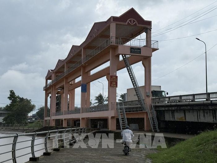 Các khu vực bên ngoài cống Bảo Định có nguy cơ ngập sâu khi triều cường dâng cao. Ảnh: Công Trí-TTXVN 