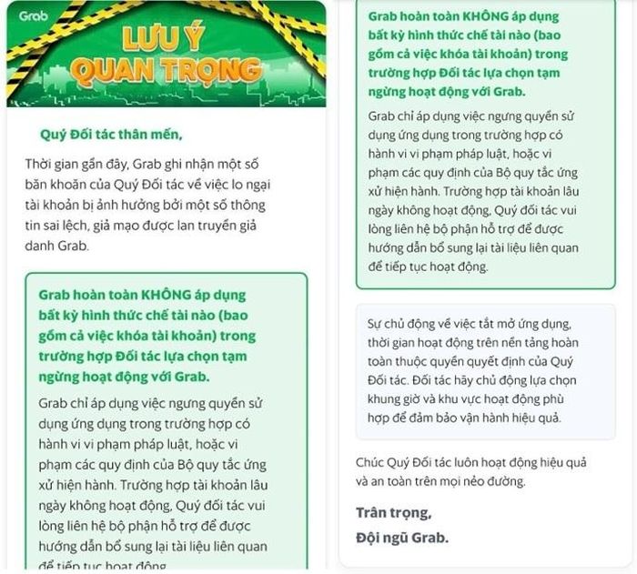 Thông báo từ Grab. (Ảnh: Grab)