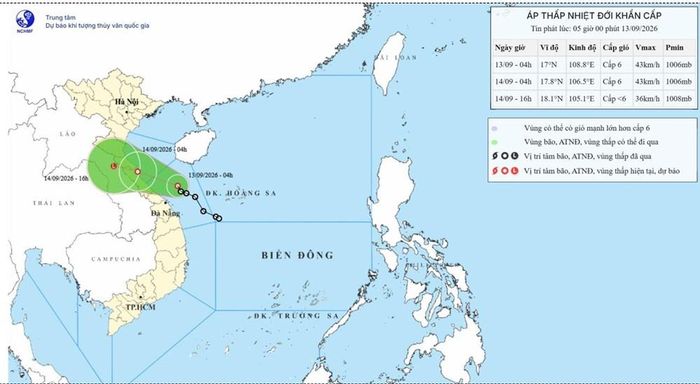 Bản đồ dự báo quỹ đạo và cường độ áp thấp nhiệt đới lúc 05h00 ngày 13.9