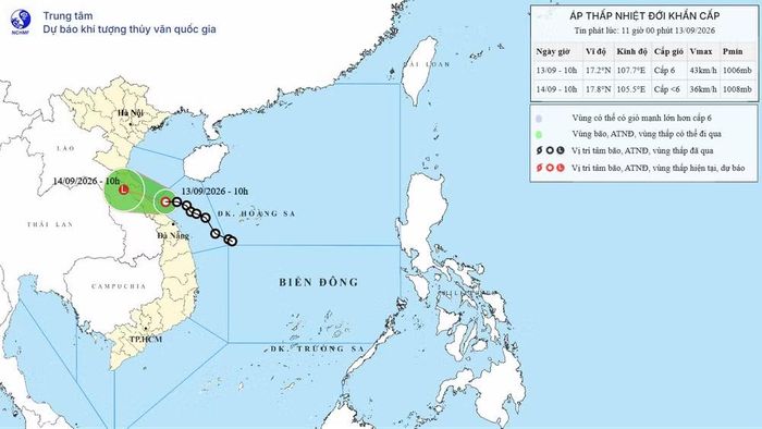 Bản đồ dự báo quỹ đạo và cường độ áp thấp nhiệt đới lúc 11 giờ ngày 13/9.
