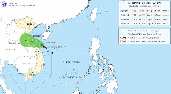 Vị trí áp thấp nhiệt đới sáng sớm 13-9. Nguồn: Trung tâm Dự báo khí tượng - thủy văn quốc gia