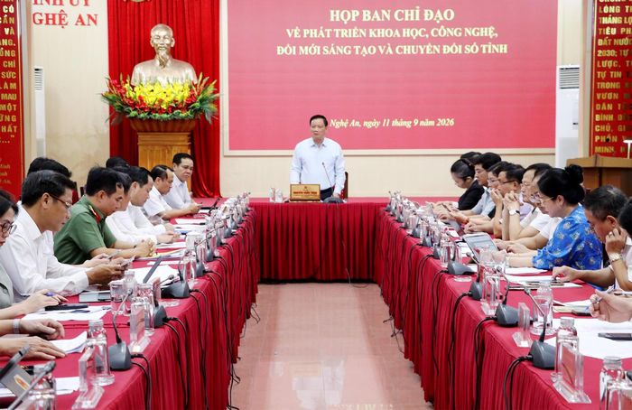 Ban Chỉ đạo về phát triển khoa học, công nghệ, đổi mới sáng tạo và chuyển đổi số tỉnh Nghệ An phát biểu tại buổi làm việc (Ảnh: Kim Oanh)