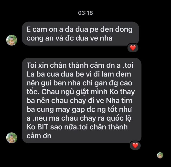 Người cha nhắn tin cảm ơn anh Hoài. Ảnh: Hữu Hoài