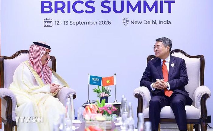 Thủ tướng Chính phủ Lê Minh Hưng gặp Bộ trưởng Ngoại giao Saudi Arabia Faisal bin Farhan Al Saud. (Ảnh: Dương Giang/TTXVN)