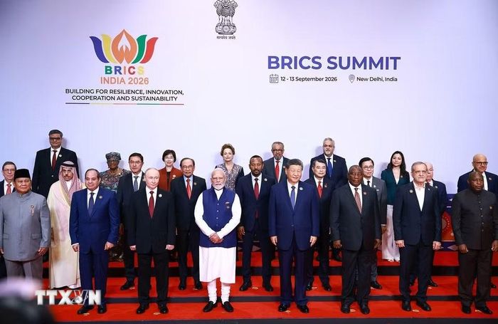 Thủ tướng Lê Minh Hưng cùng các Trưởng đoàn tham dự Hội nghị thượng đỉnh BRICS lần thứ 18 tại Ấn Độ. (Ảnh: Dương Giang/TTXVN)