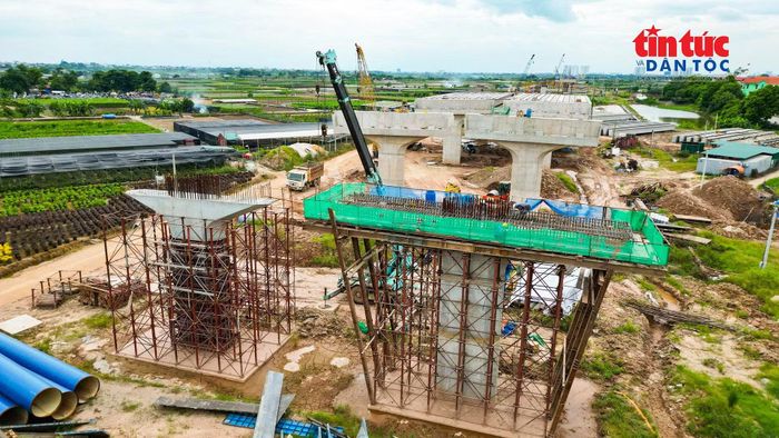 Hệ thống giàn giáo, cốp pha và thiết bị nâng được huy động phục vụ thi công bệ, thân và xà mũ trụ cầu.