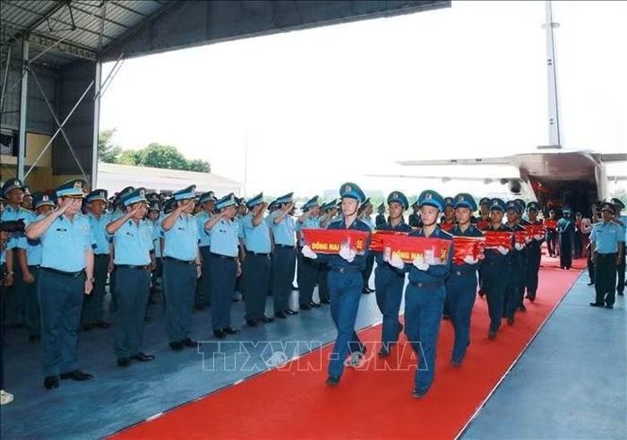Di chuyển các mẫu hài cốt liệt sĩ từ máy bay đến vị trí làm lễ dâng hương. Ảnh: Trọng Đức/TTXVN