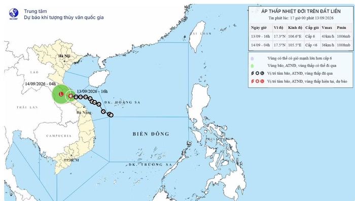 Hồi 16 giờ ngày 13/9, vị trí tâm áp thấp nhiệt đới ở vào khoảng 17,3 độ Vĩ Bắc - 106,6 độ Kinh Đông, trên đất liền tỉnh Quảng Trị. Ảnh: nchmf.gov.vn