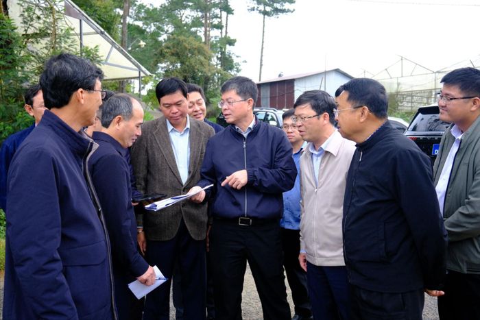 Lãnh đạo phường Cam Ly - Đà Lạt báo cáo với đồng chí Nguyễn Hồng Hải, Ủy viên Ban Thường vụ Tỉnh ủy, Phó Chủ tịch UBND tỉnh (người cầm hồ sơ chính giữa) về phương án triển khai các định hướng phát triển dân cư trên địa bàn