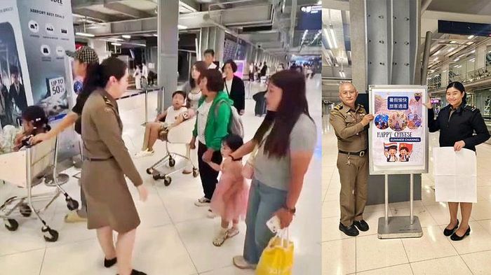 Khách du lịch Trung Quốc được chào đón và giới thiệu dịch vụ Kênh Mùa hè Trung Quốc vui vẻ, tại sân bay quốc tế Suvarnabhumi ở phía Đông Bangkok. Ảnh: khaosodenglish