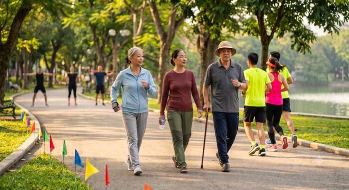 Mỗi người hãy xây dựng thói quen đi bộ đều đặn hầu hết các ngày trong tuần, tránh ngồi lì một chỗ quá lâu. Ảnh minh họa AI.