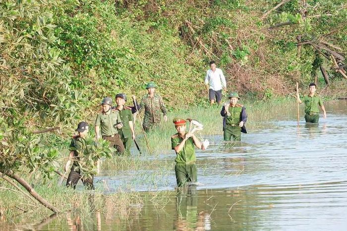 Lực lượng chức năng phá dỡ dụng cụ bẫy bắt chim trời tại xã Cổ Đạm. Ảnh: CA.