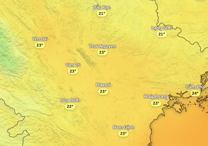 Dự báo nhiệt độ ở một số khu vực tại miền Bắc sáng mai, 15/9. Ảnh: Zoom Earth, OpenStreetMap, ICON.