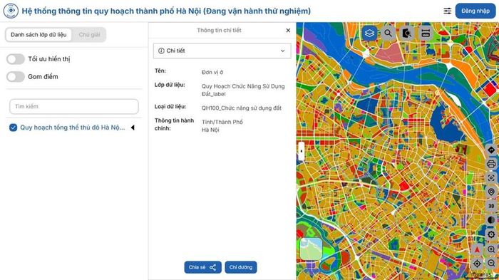 Khung thông tin chi tiết trên hệ thống dừng ở lớp chức năng sử dụng đất cấp thành phố, ảnh chụp màn hình cổng tra cứu.