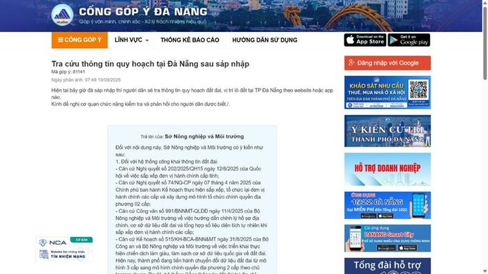 Phản hồi của Sở Nông nghiệp và Môi trường trên Cổng góp ý Đà Nẵng, mã góp ý 81141.