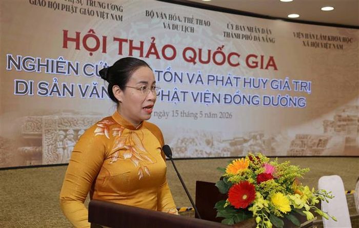 Phó Chủ tịch UBND thành phố Đà Nẵng Nguyễn Thị Anh Thi phát biểu tại Hội thảo khoa học quốc gia “Nghiên cứu bảo tồn và phát huy giá trị di sản văn hóa Phật viện Đồng Dương" vào tháng 5/2026. Ảnh: Trần Lê Lâm - TTXVN